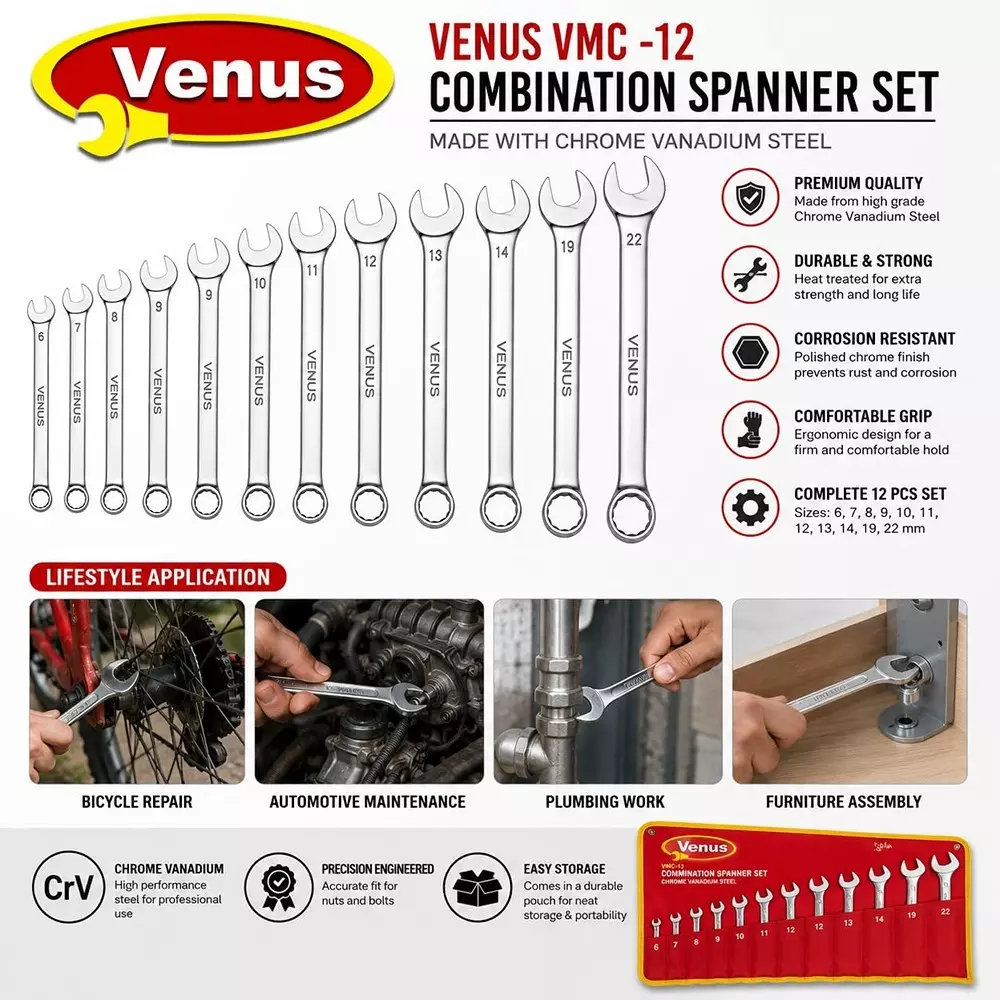 venus-heavy-duty-combination-spanner-kit-12-pcs-silver-chrome-vanadium-steel-for-automotive-repair-bike-maintenance-workshop-tasks-and-general-mechanical-work-vmc-12