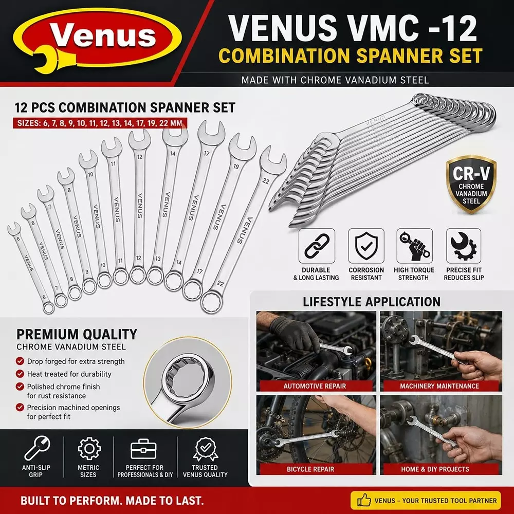 venus-heavy-duty-combination-spanner-kit-12-pcs-silver-chrome-vanadium-steel-for-automotive-repair-bike-maintenance-workshop-tasks-and-general-mechanical-work-vmc-12