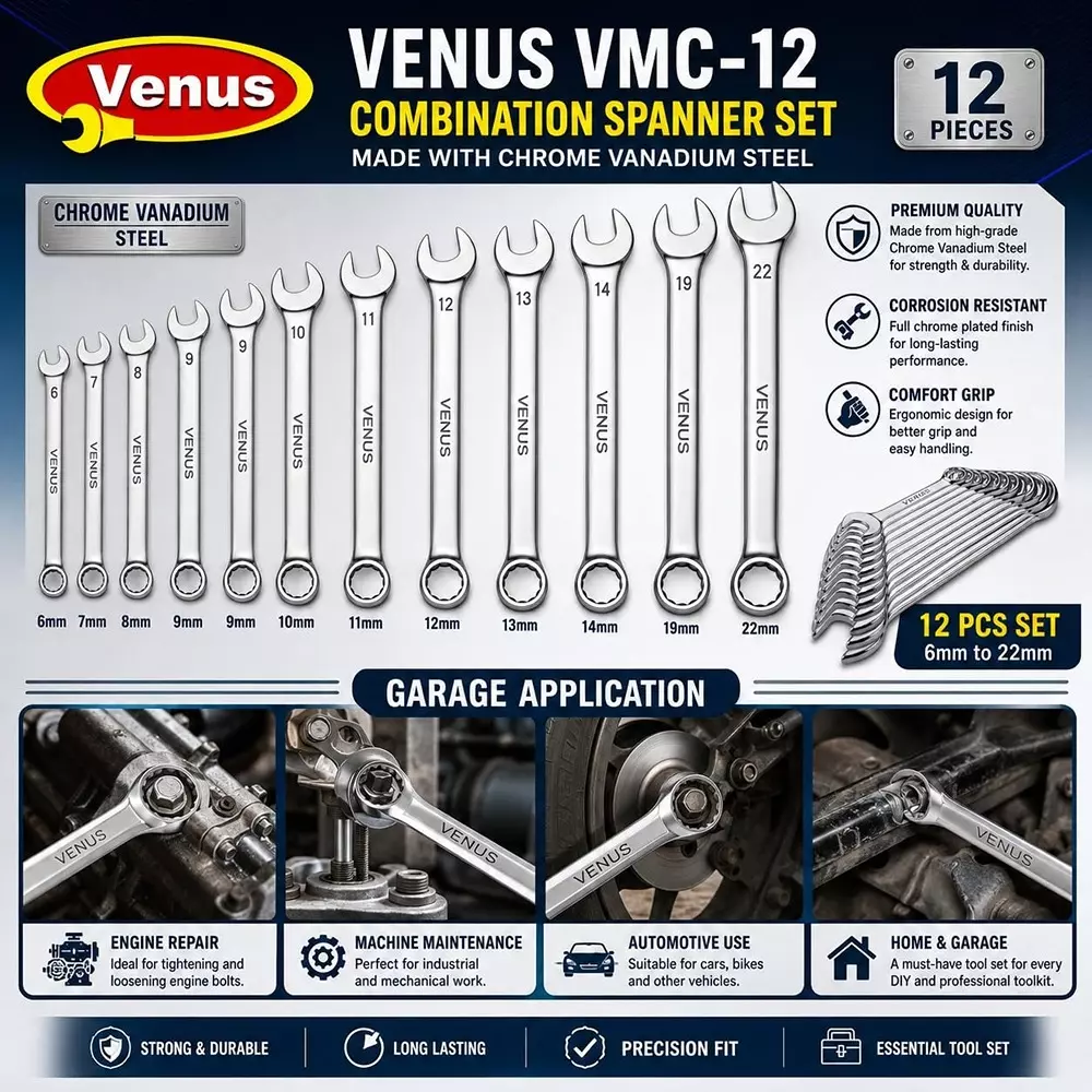 venus-heavy-duty-combination-spanner-kit-12-pcs-silver-chrome-vanadium-steel-for-automotive-repair-bike-maintenance-workshop-tasks-and-general-mechanical-work-vmc-12