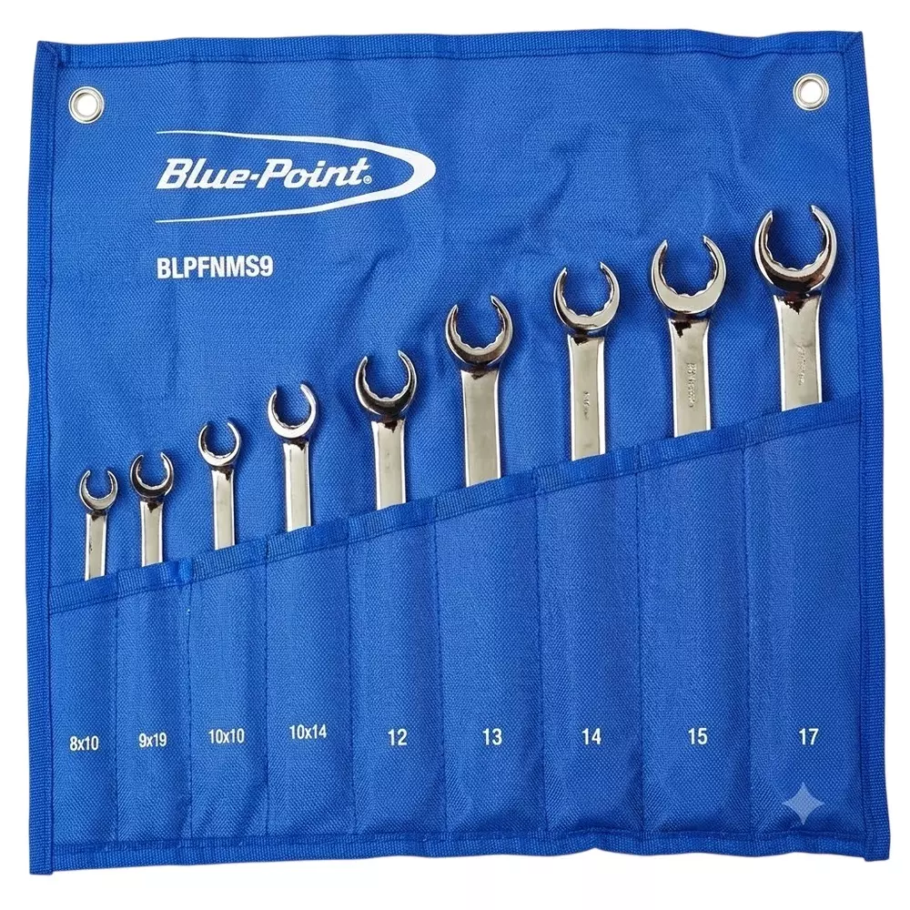 Blue-Point 9 Pcs Flare Nut Wrench Set Chrome Vanadium Steel Body, Size 8 to 23 mm and Length 139 to 243 mm, BLPFNWS9