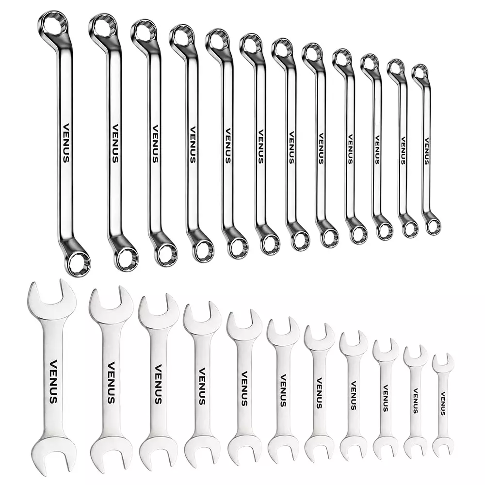Venus Heavy Duty 24 Pcs Offset Ring Spanner & Open Jaw Spanner Kit Silver 12 Point Chrome Vanadium Steel 6-32 mm Size Range for Garage & Workshop Use