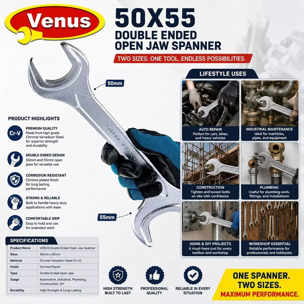 venus-heavy-duty-open-jaw-spanner-silver-chrome-vanadium-steel-for-automotive-truck-tractor-machinery-maintenance-wrench-50x55