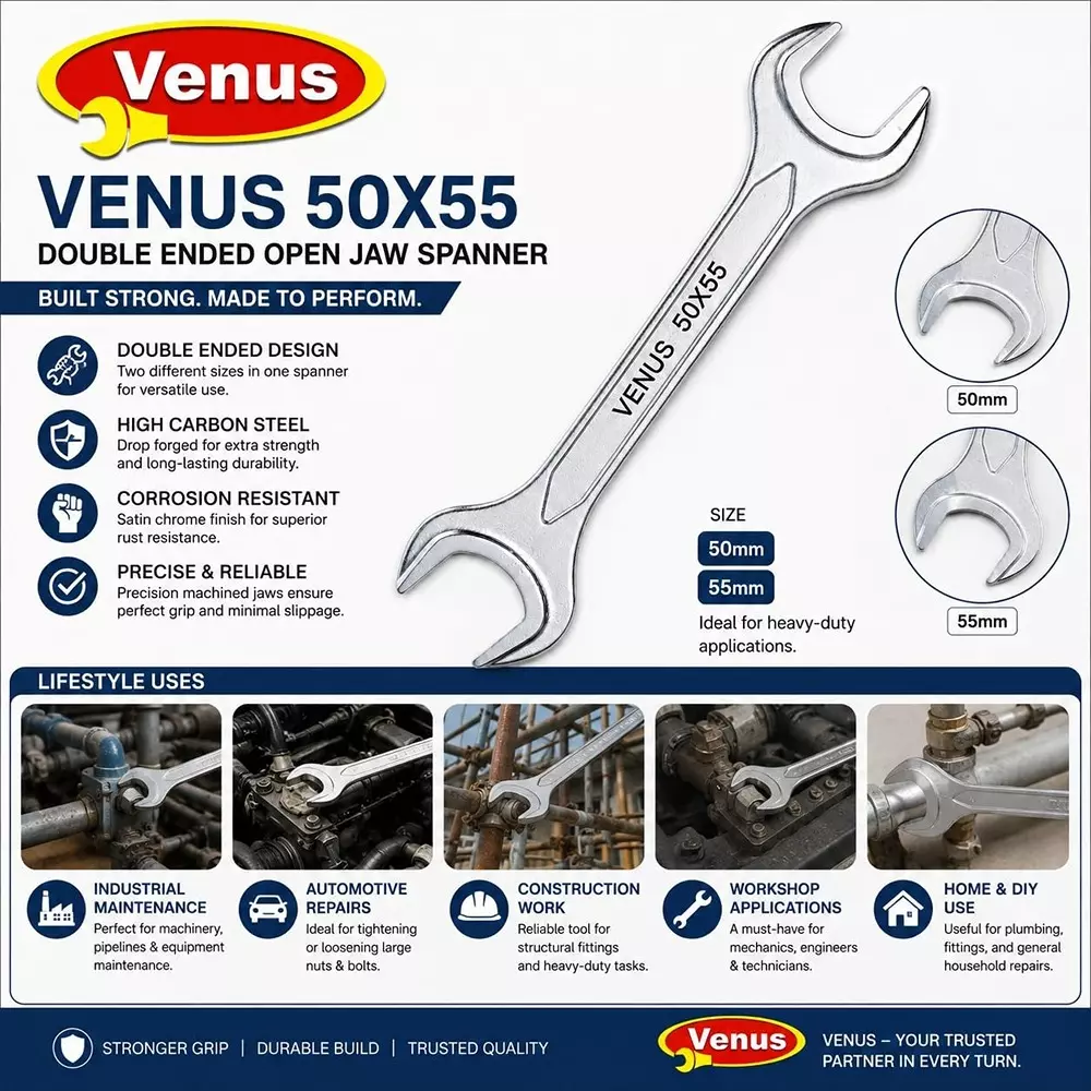 venus-heavy-duty-open-jaw-spanner-silver-chrome-vanadium-steel-for-automotive-truck-tractor-machinery-maintenance-wrench-50x55