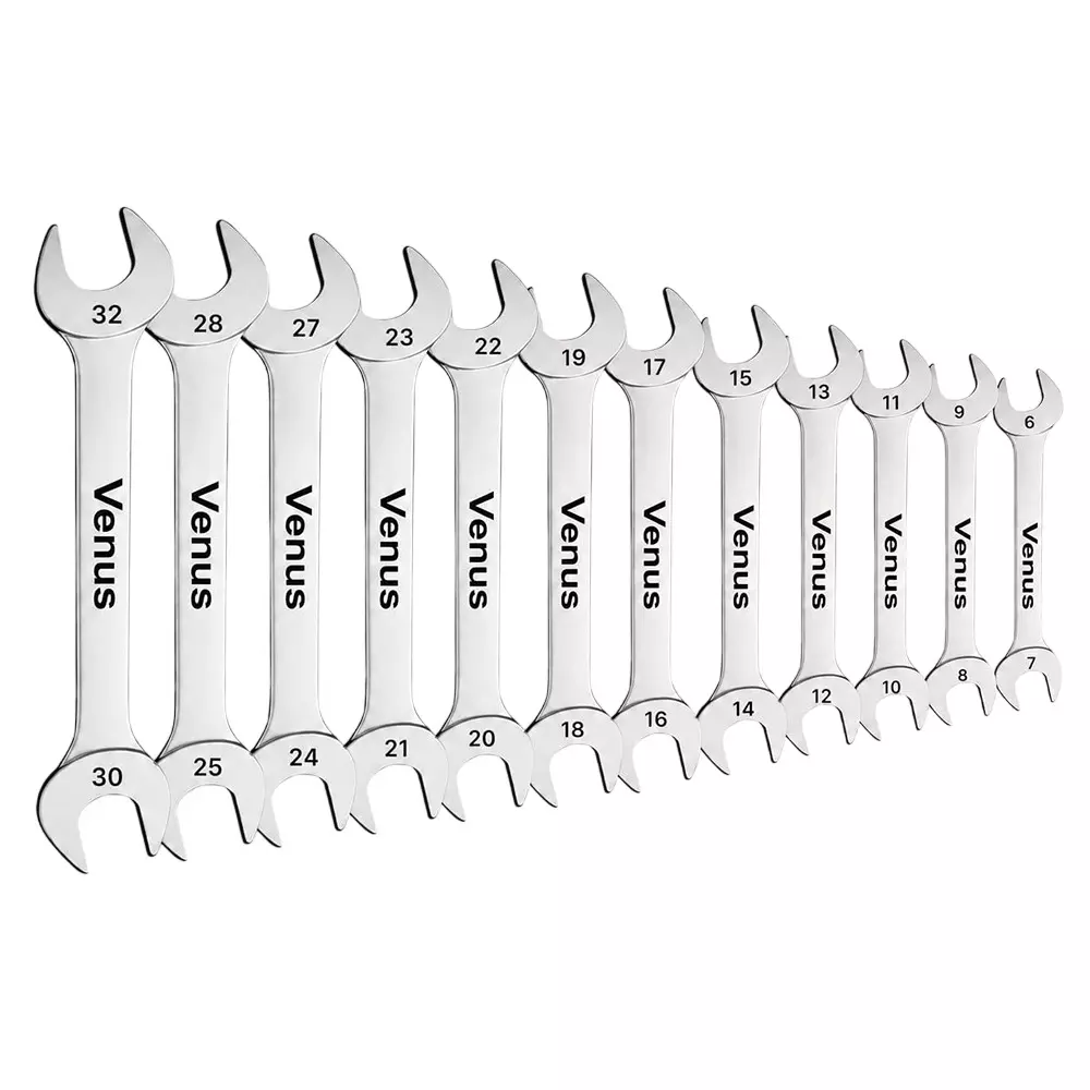 Venus Heavy Duty 12 Pcs Double Ended Open Jaw Spanner Kit Silver Chrome Vanadium Steel 6-32 mm Size Range for Automotive Repair, Bike Maintenance