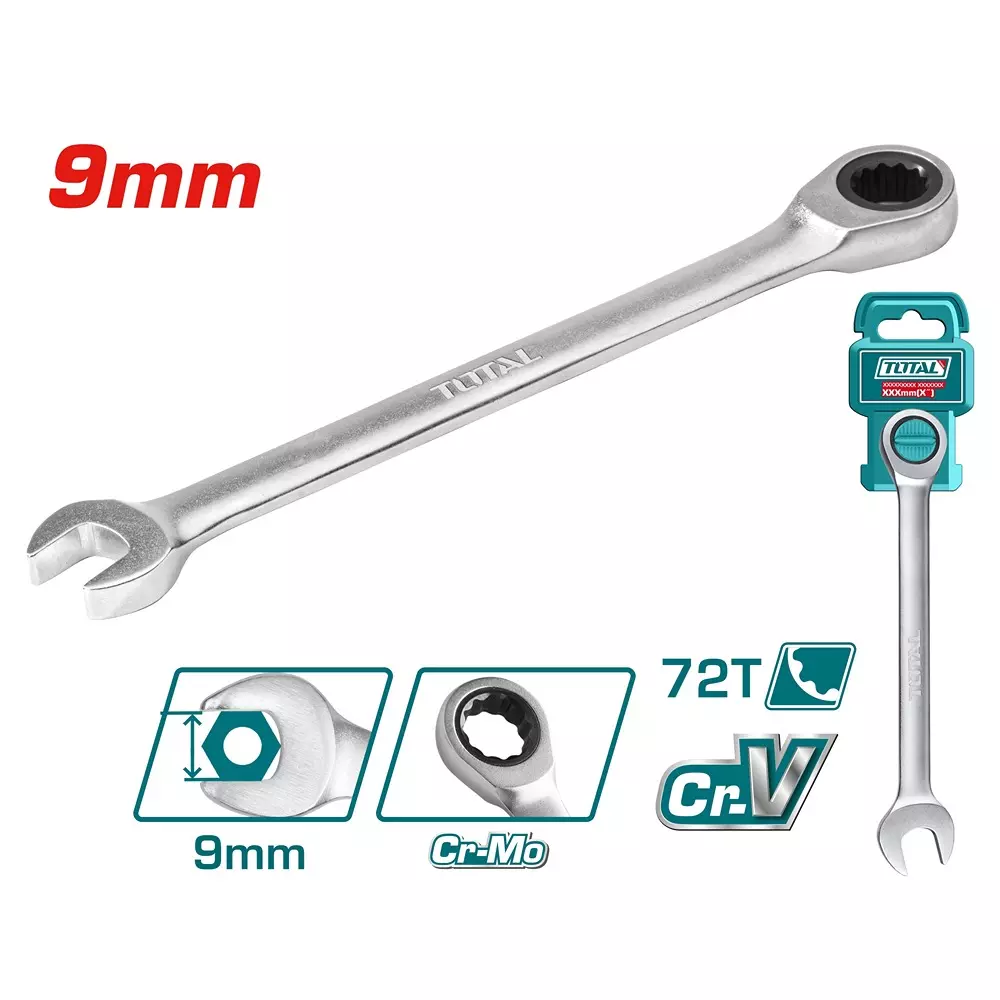 total-ratchet-spanner-silver-chrome-plated-matt-finish-9-mm-tcspar091