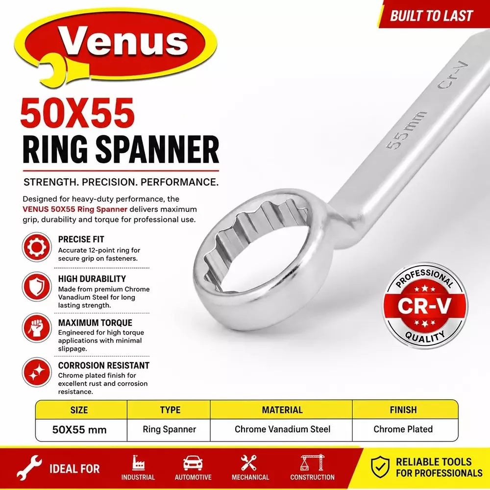 venus-heavy-duty-ring-spanner-silver-12-point-ring-chrome-vanadium-steel-mirror-chrome-plated-50x55-mm-size-for-automove-industrial-use-ring-spanner-50x55