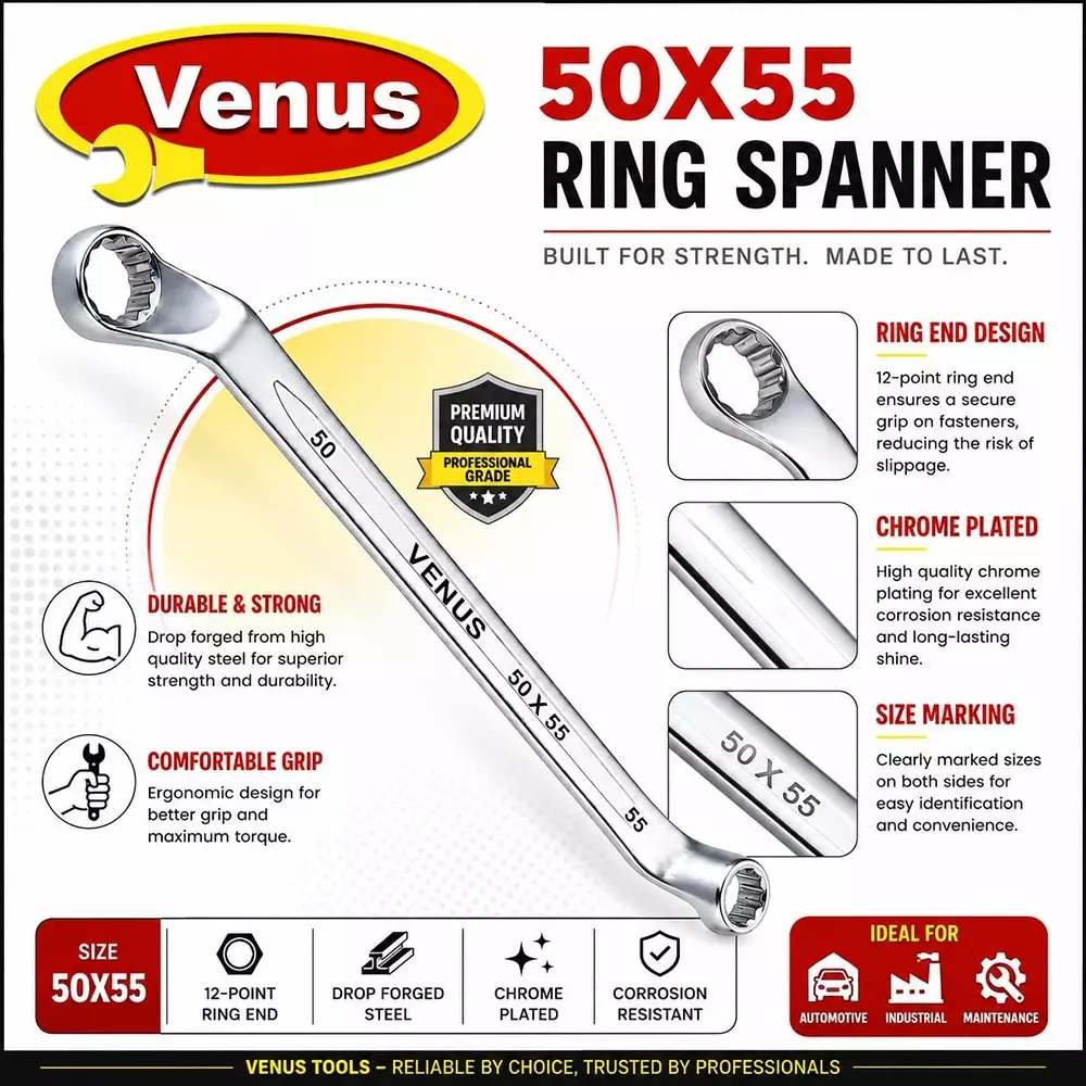 venus-heavy-duty-ring-spanner-silver-12-point-ring-chrome-vanadium-steel-mirror-chrome-plated-50x55-mm-size-for-automove-industrial-use-ring-spanner-50x55
