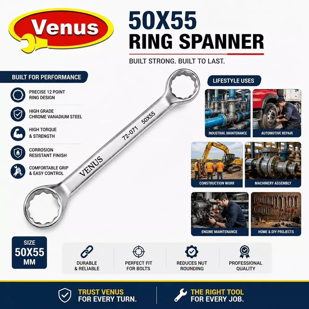 venus-heavy-duty-ring-spanner-silver-12-point-ring-chrome-vanadium-steel-mirror-chrome-plated-50x55-mm-size-for-automove-industrial-use-ring-spanner-50x55