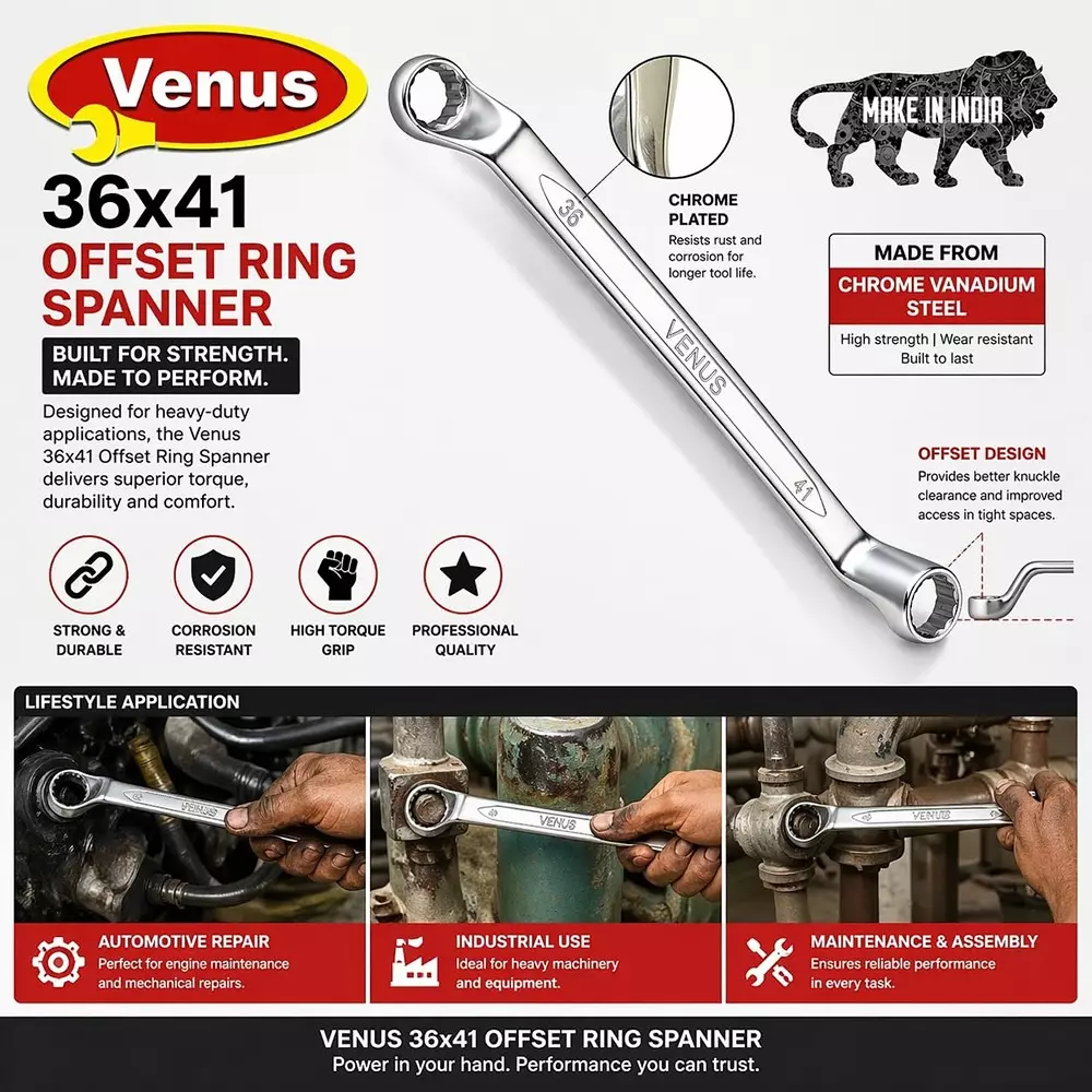 venus-heavy-duty-offset-ring-spanner-silver-12-point-ring-chrome-vanadium-steel-mirror-chrome-plated-36x41-mm-size-for-automove-industrial-use-ring-spanner-36x41