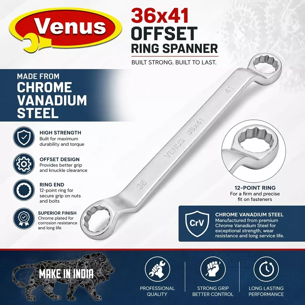 venus-heavy-duty-offset-ring-spanner-silver-12-point-ring-chrome-vanadium-steel-mirror-chrome-plated-36x41-mm-size-for-automove-industrial-use-ring-spanner-36x41