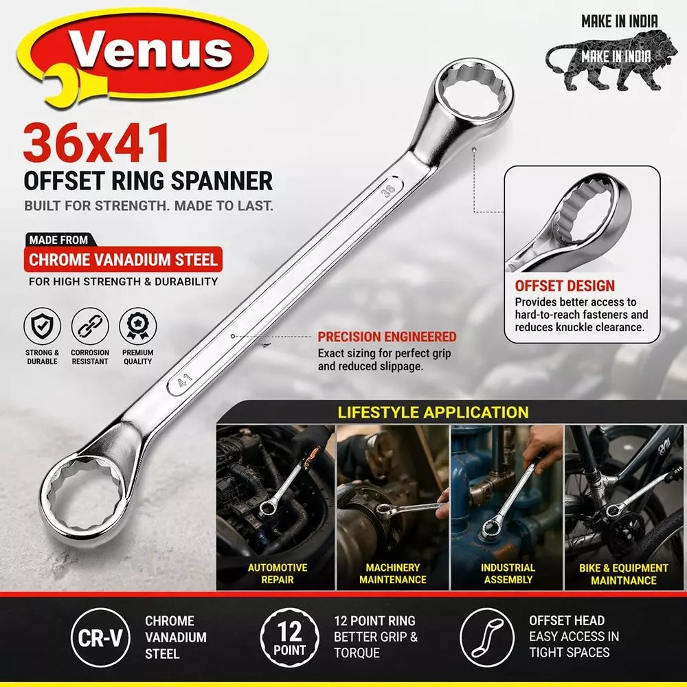 venus-heavy-duty-offset-ring-spanner-silver-12-point-ring-chrome-vanadium-steel-mirror-chrome-plated-36x41-mm-size-for-automove-industrial-use-ring-spanner-36x41
