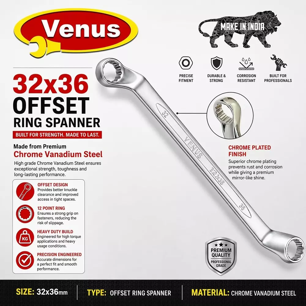 venus-heavy-duty-offset-ring-spanner-silver-12-point-ring-chrome-vanadium-steel-mirror-chrome-plated-32x36-mm-size-for-automove-industrial-use-ring-spanner-32x36