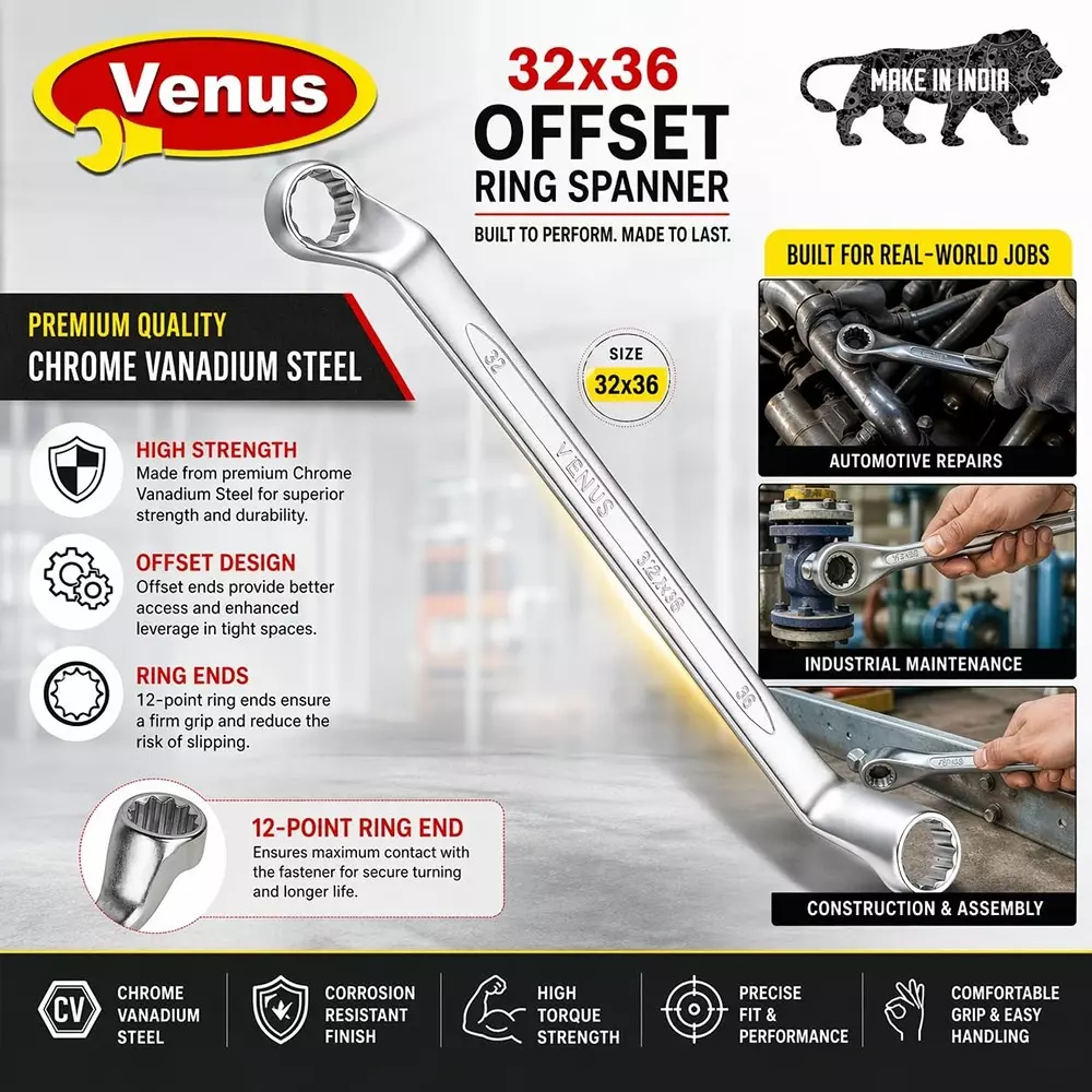 venus-heavy-duty-offset-ring-spanner-silver-12-point-ring-chrome-vanadium-steel-mirror-chrome-plated-32x36-mm-size-for-automove-industrial-use-ring-spanner-32x36