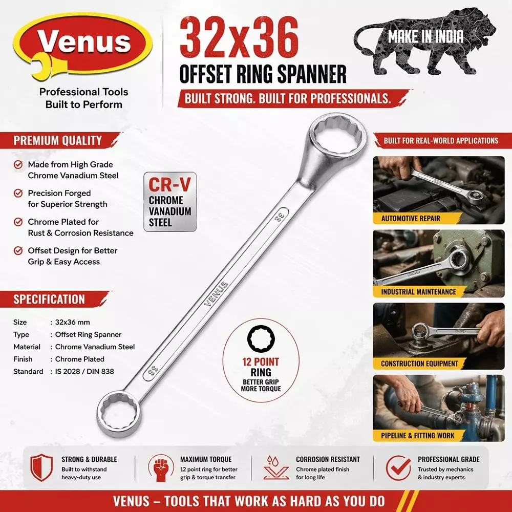 venus-heavy-duty-offset-ring-spanner-silver-12-point-ring-chrome-vanadium-steel-mirror-chrome-plated-32x36-mm-size-for-automove-industrial-use-ring-spanner-32x36