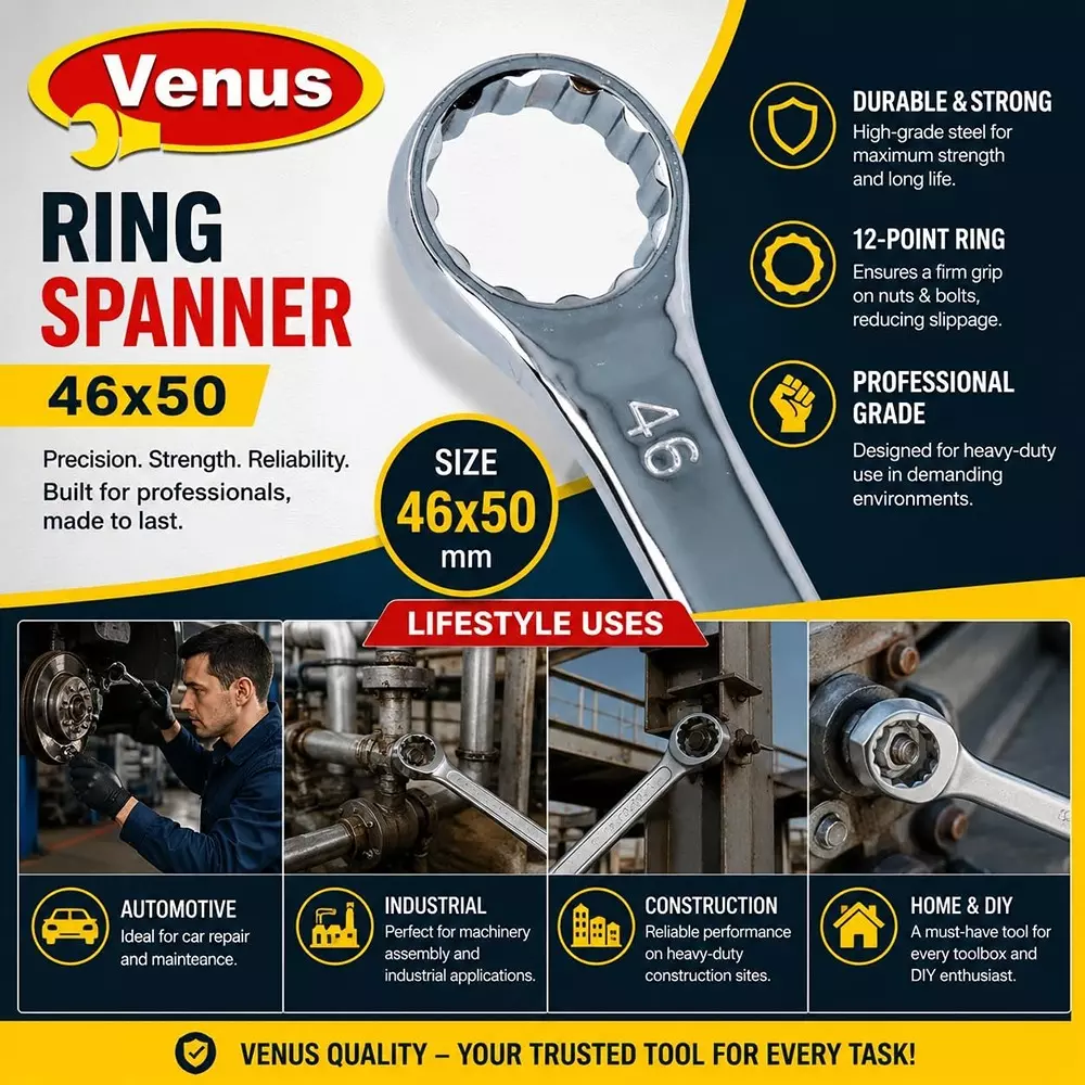venus-heavy-duty-ring-spanner-silver-12-point-ring-chrome-vanadium-steel-mirror-chrome-plated-46x50-mm-size-for-automove-industrial-use-ring-spanner-45x50