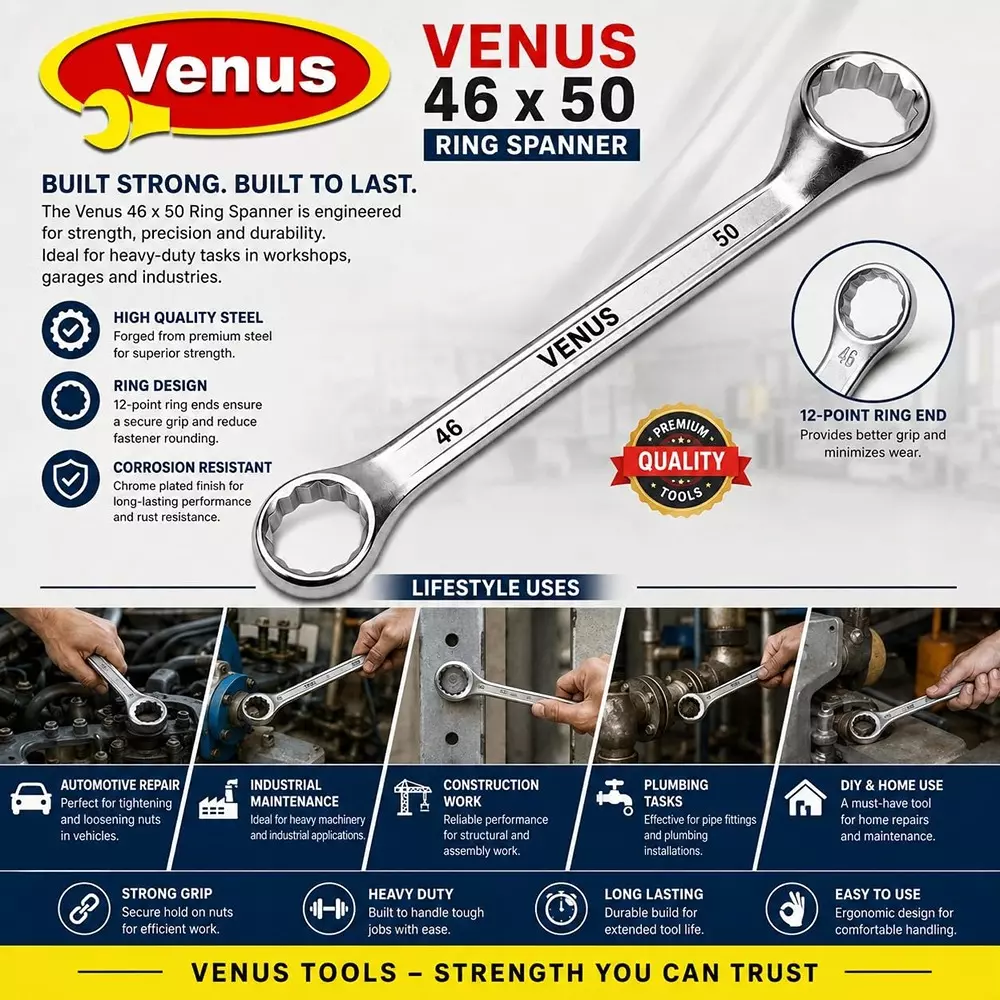 venus-heavy-duty-ring-spanner-silver-12-point-ring-chrome-vanadium-steel-mirror-chrome-plated-46x50-mm-size-for-automove-industrial-use-ring-spanner-45x50