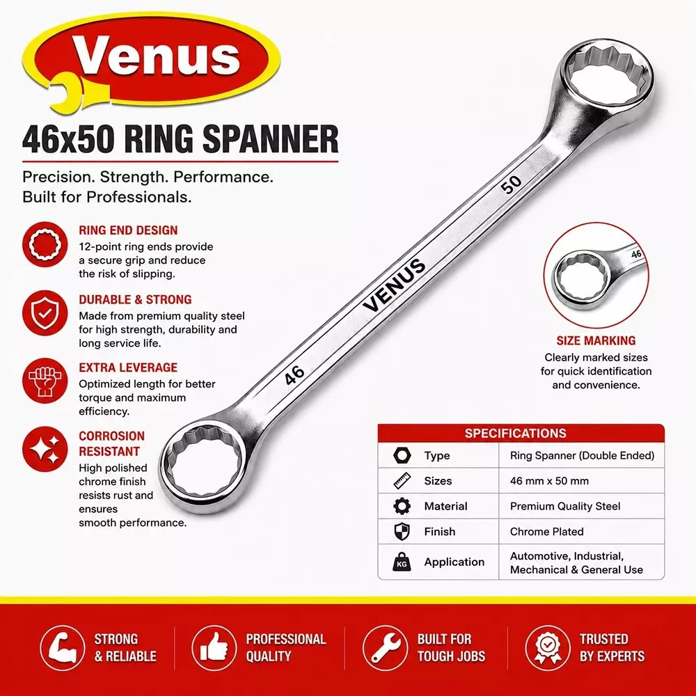 venus-heavy-duty-ring-spanner-silver-12-point-ring-chrome-vanadium-steel-mirror-chrome-plated-46x50-mm-size-for-automove-industrial-use-ring-spanner-45x50