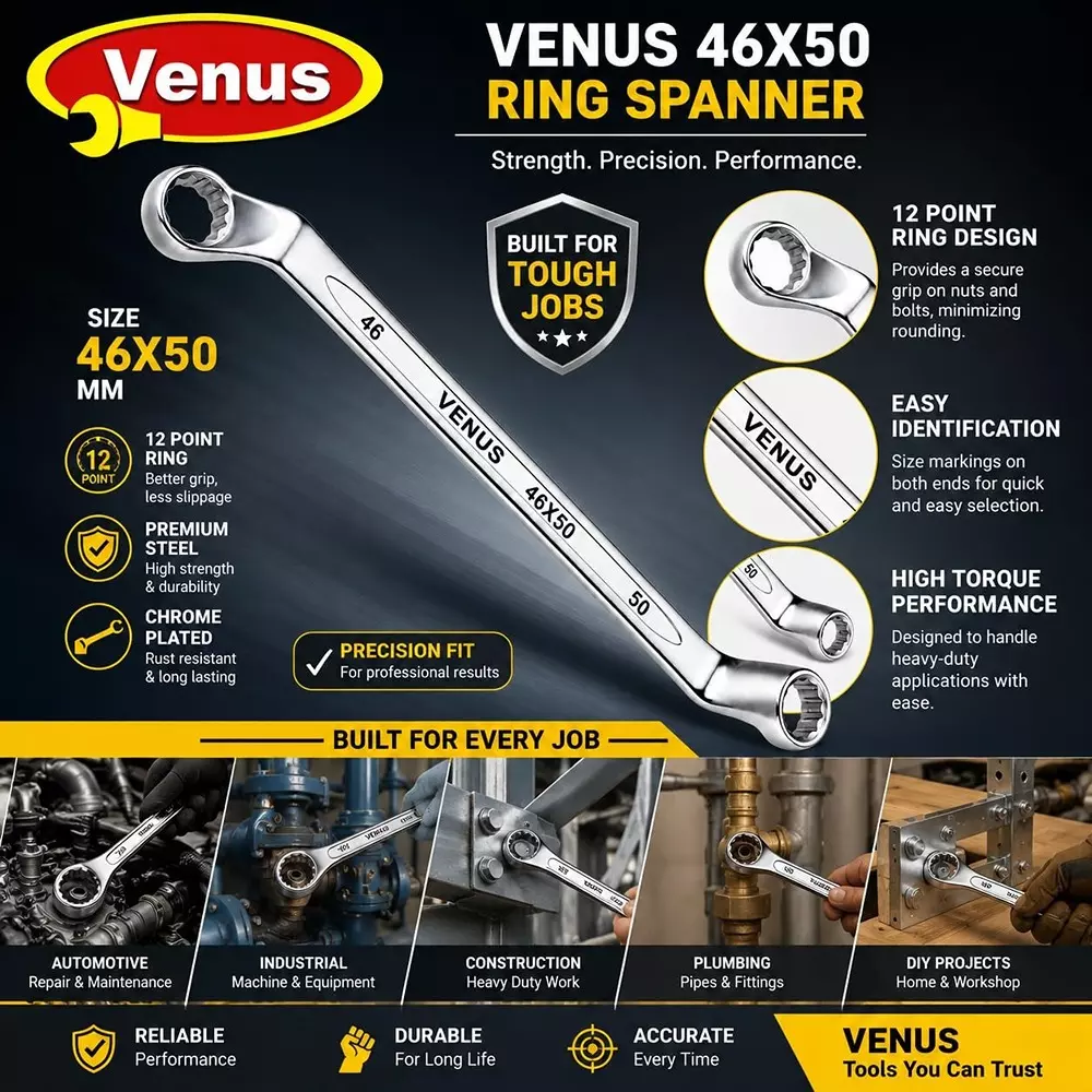 venus-heavy-duty-ring-spanner-silver-12-point-ring-chrome-vanadium-steel-mirror-chrome-plated-46x50-mm-size-for-automove-industrial-use-ring-spanner-45x50