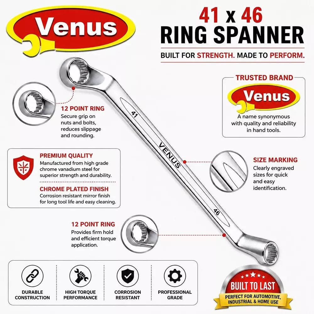 venus-heavy-duty-offset-ring-spanner-silver-12-point-ring-chrome-vanadium-steel-mirror-chrome-plated-41x46-mm-size-for-automove-industrial-use-ring-spanner-41x46