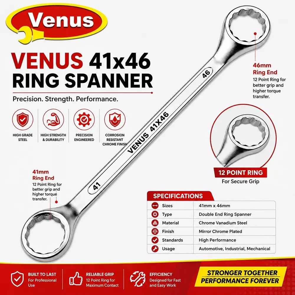 venus-heavy-duty-offset-ring-spanner-silver-12-point-ring-chrome-vanadium-steel-mirror-chrome-plated-41x46-mm-size-for-automove-industrial-use-ring-spanner-41x46