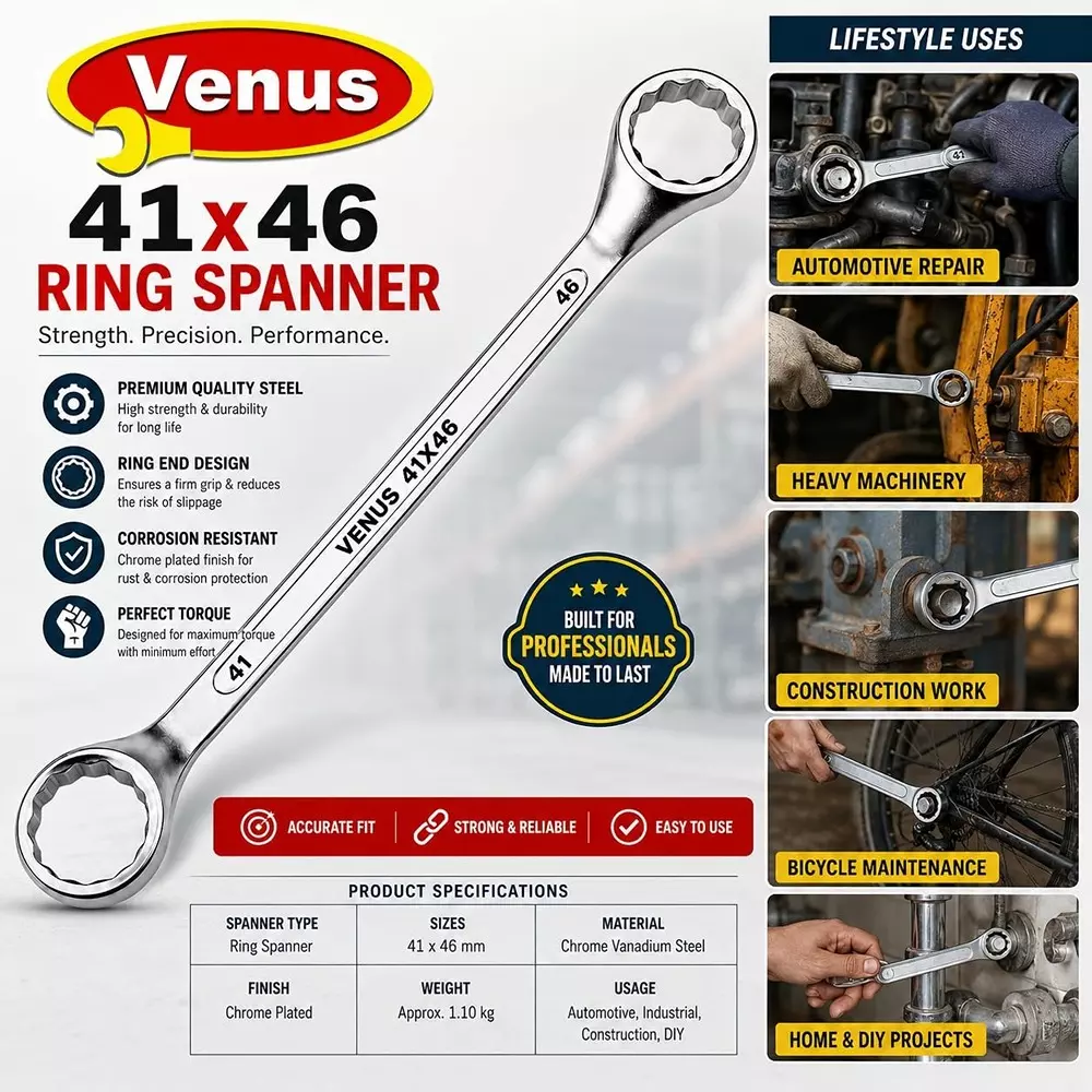 venus-heavy-duty-offset-ring-spanner-silver-12-point-ring-chrome-vanadium-steel-mirror-chrome-plated-41x46-mm-size-for-automove-industrial-use-ring-spanner-41x46