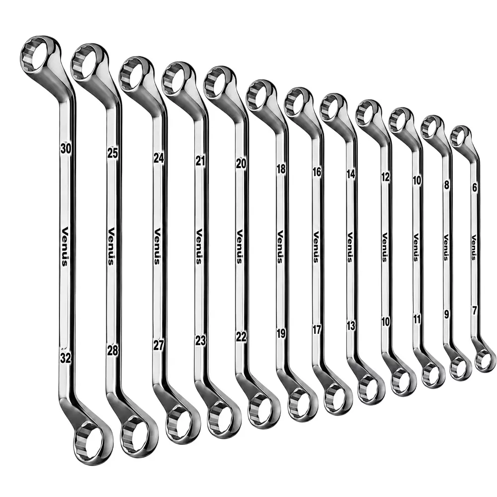 Venus Heavy Duty 12 Pcs Offset Ring Spanner Kit Silver 12 Point Chrome Vanadium Steel 6-32 mm Size Range for Garage & Workshop Use