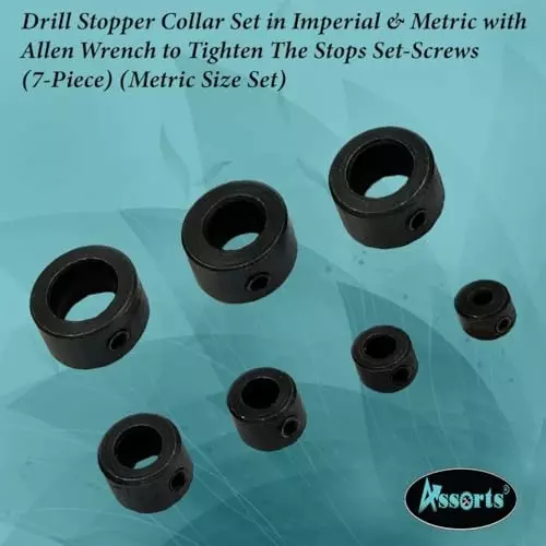 Assorts Metric Size Set Drill Stopper Collar Set with Allen Wrench Alloy Steel 3, 5, 6,8,10,11 and 12 mm (Pack of 7)