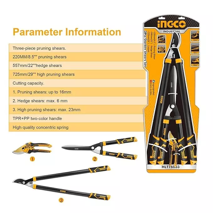 Ingco 3 Pcs Garden Shears Set with Carbon Steel Blade and Alloy Steel Handle, HLT76033
