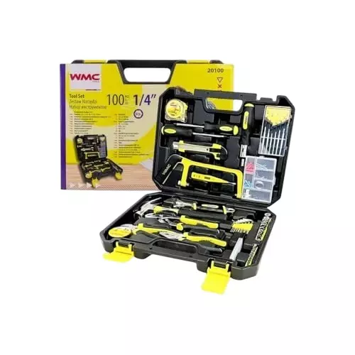WMC 100 Piece Tool Kit with Carrying Case 6.35 mm (1/4 inch) Drive Size Chrome Molybdenum Steel Ergonomic Design Black & Yellow