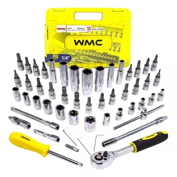 WMC 53 Piece Socket and Ratchet Set 6.35 mm (1/4 inch) Drive Size Chrome Vanadium Steel, Chromium Molybdenum Steel Black & Yellow