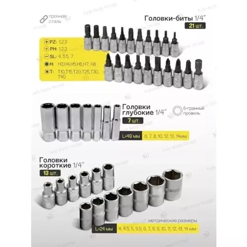 WMC 53 Piece Socket and Ratchet Set 6.35 mm (1/4 inch) Drive Size Chrome Vanadium Steel, Chromium Molybdenum Steel Black & Yellow
