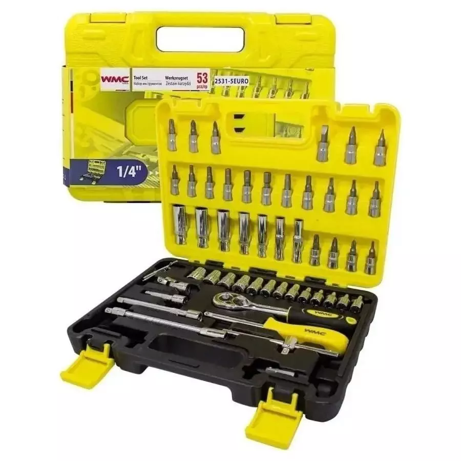 WMC 53 Piece Socket and Ratchet Set 6.35 mm (1/4 inch) Drive Size Chrome Vanadium Steel, Chromium Molybdenum Steel Black & Yellow