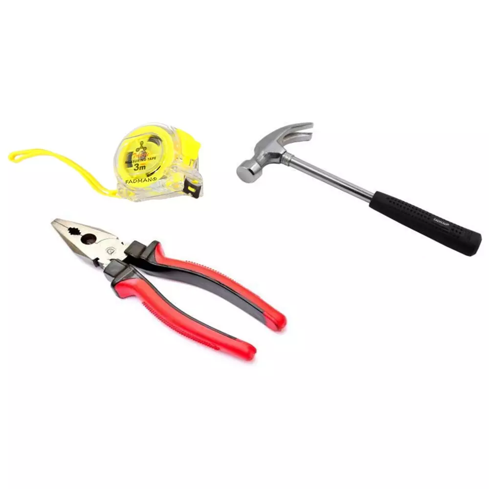 Fadman Combination Plier, Measuring Tape & Claw Hammer Metal Multicolor for Home and Professional Use