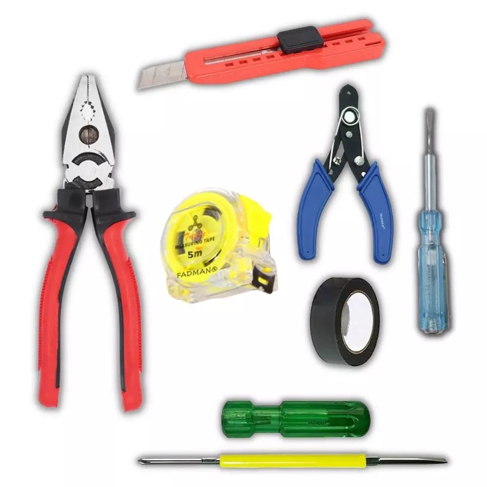 Fadman Hand Tool Kit Line Tester, Plier, PVC Tape, Measuring Tape, 2 in 1 Screwdriver, Wire Cutter, Utility Cutter