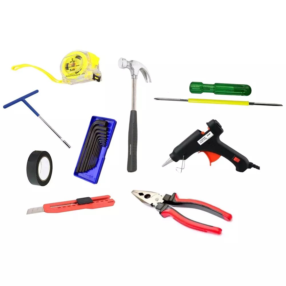 Fadman Hand Tool Kit Glue Gun, Utility Cutter, Allen Keys Set, 2 in 1 Screwdriver, Claw Hammer, Measuring Tape, PVC Tape, Plier, T Spanner