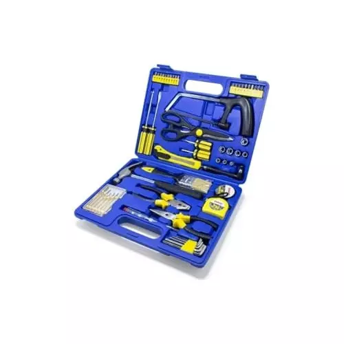 WMC 54 Piece Home Tool Kit with Carrying Case Comfortable Grip Ergonomic Design With Screwdrivers, Pliers, Wrenches, Hammer, Tape Measure Blue & Yellow