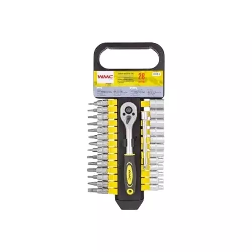 WMC 28 Piece Socket and Bit Set 6.35 mm (1/4 inch) Drive Size Chrome Plated Finish Ergonomic Design Black & Yellow