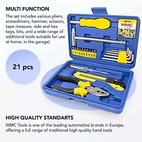 WMC 21 Piece Hand Tool Kit With Compact Carry Case Hex Head Style Chrome Vanadium Steel Black & Yellow