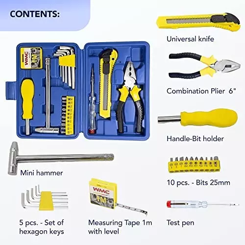 WMC 21 Piece Hand Tool Kit With Compact Carry Case Hex Head Style Chrome Vanadium Steel Black & Yellow