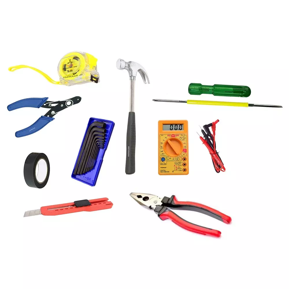 Fadman Hand Tool Kit Multimeter, Utility Cutter, Allen Keys Set, 2 in 1 Screwdriver, Claw Hammer, Measuring Tape, PVC Tape, Plier, Meter Cable Set