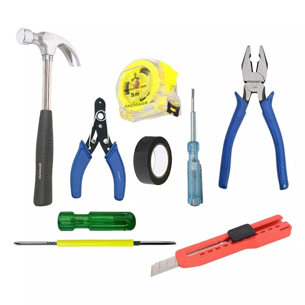 Fadman Hand Tool Kit Line Tester, Utility Cutter, Wire Cutter, Plier, 2 in 1 Screwdriver, Claw Hammer, Measuring Tape, PVC Tape