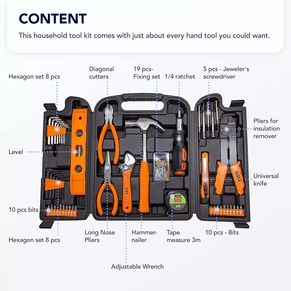 ISMA 129 Pcs Tool Kit Multicolor Alloy Steel & Plastic Chrome Finish for Home, Office & Furniture Assembly
