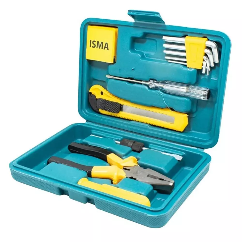 ISMA 12 Pcs Hand Tool Kit Manual Yellow & Silver Alloy Steel & Plastic Chrome Finish for DIY, Home Repairs & Basic Maintenance