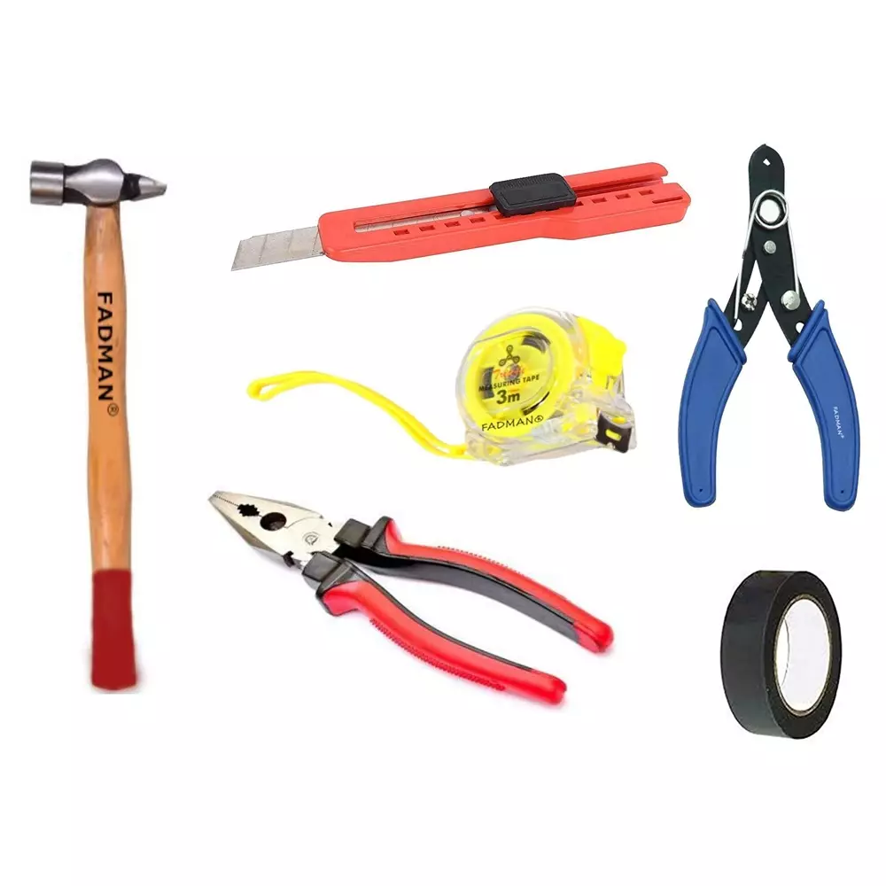 Fadman Hand Tool Kit Utility Cutter, Plier, Measuring Tape, Ball Peen Hammer, PVC Tape, Wire Cutter