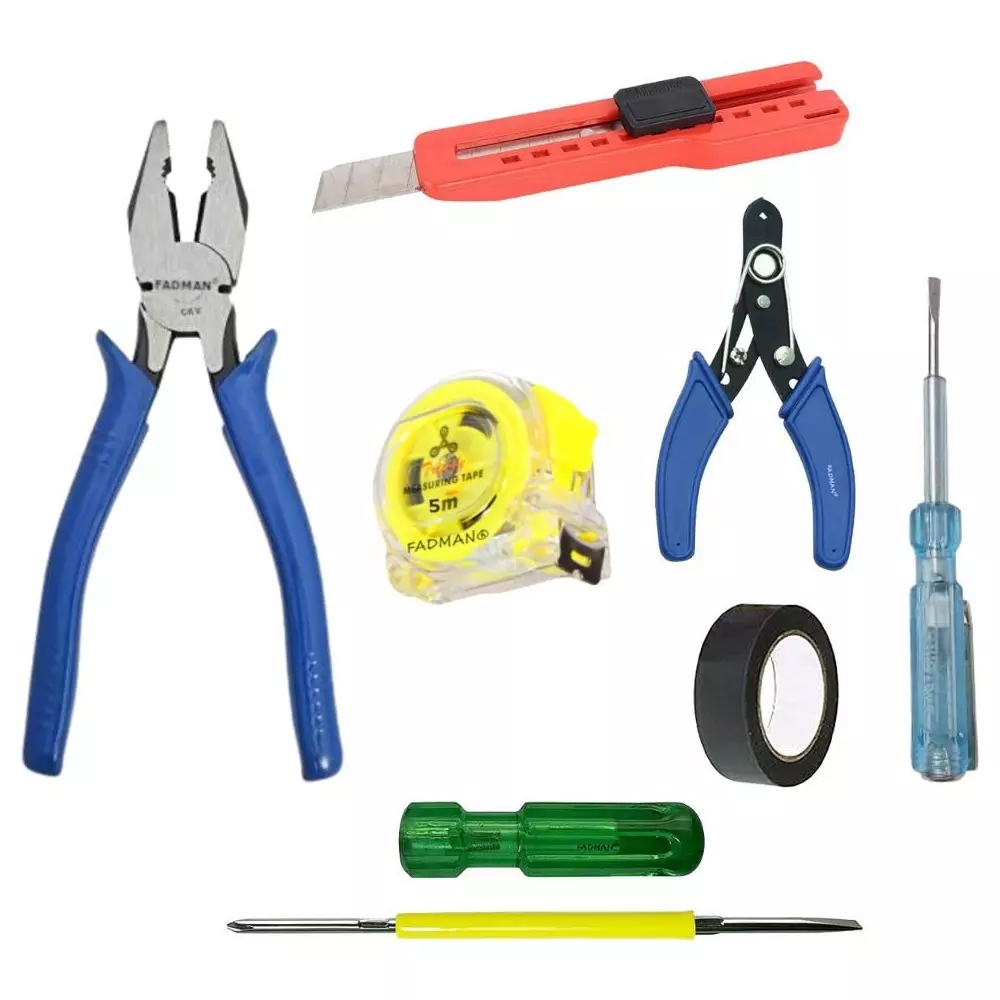 Fadman Hand Tool Kit Line Tester, Plier, Measuring Tape, 2 in 1 Screwdriver, Wire Cutter, Utility Cutter, PVC Tape