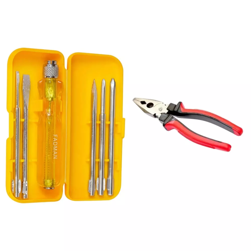 Fadman Combination Plier & 5 in 1 Screwdriver Set Metal Multicolor for Home and Professional Use