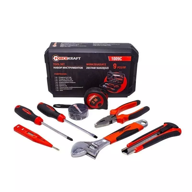 FORCEKRAFT 9 Pcs Tool Kit Steel (Tools), Durable Plastic (Case) 6 Sided Face Black & Red, FK-1009C
