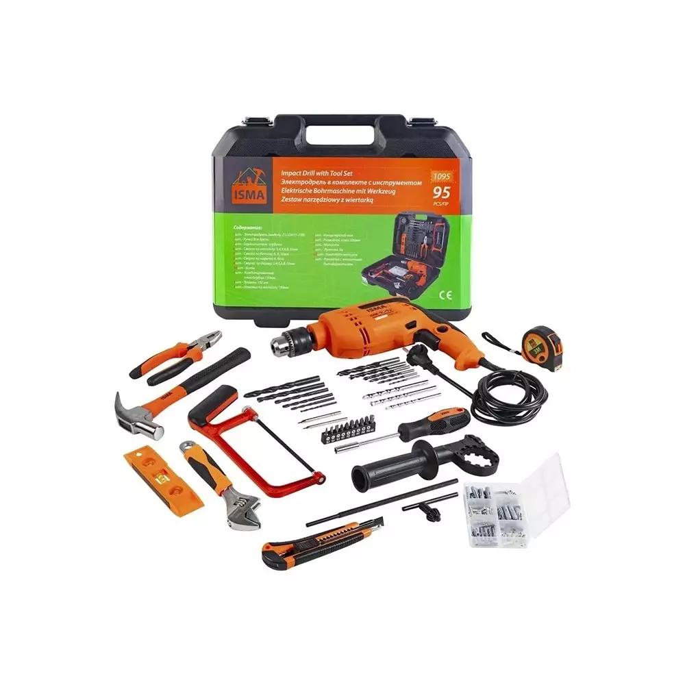 ISMA 95 Pcs Impact Drill and Tool Kit Corded Electric 3000 RPM Black & Yellow Alloy Steel for DIY, Home Repairs & Basic Maintenance