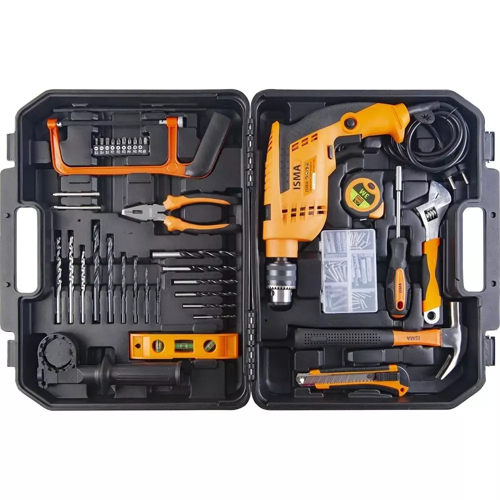 ISMA 95 Pcs Impact Drill and Tool Kit Corded Electric 3000 RPM Black & Yellow Alloy Steel for DIY, Home Repairs & Basic Maintenance