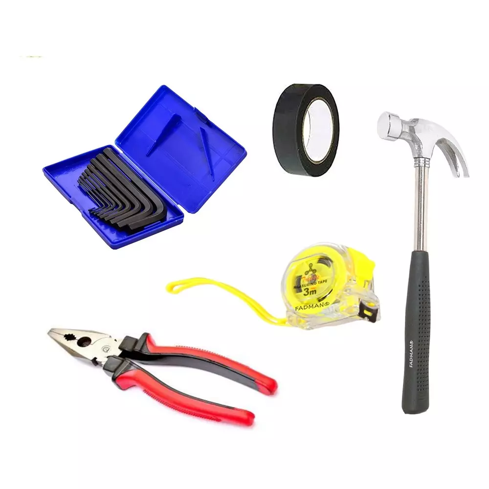 Fadman Hand Tool Kit Measuring Tape, Plier, Claw Hammer, Allen Keys Set, PVC Tape